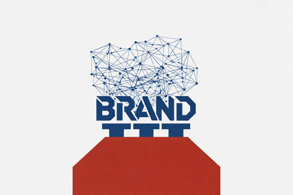 Abstract illustration of a strong brand foundation (BRAND TTT) supporting a complex network of trust and connection.