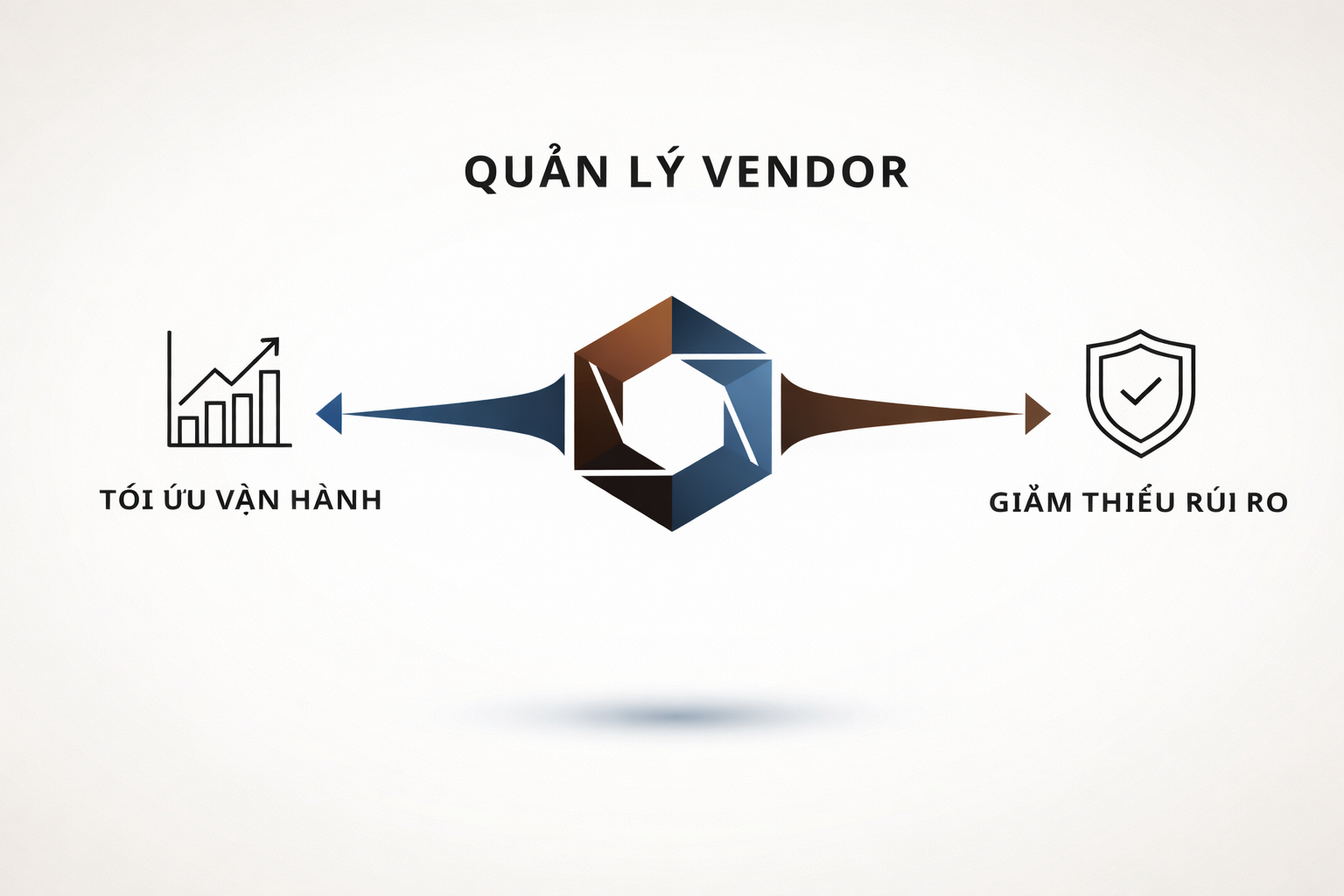 Vendor management diagram illustrating two outcomes: optimized operations on the left and reduced risks on the right, connected to a central geometric icon.
