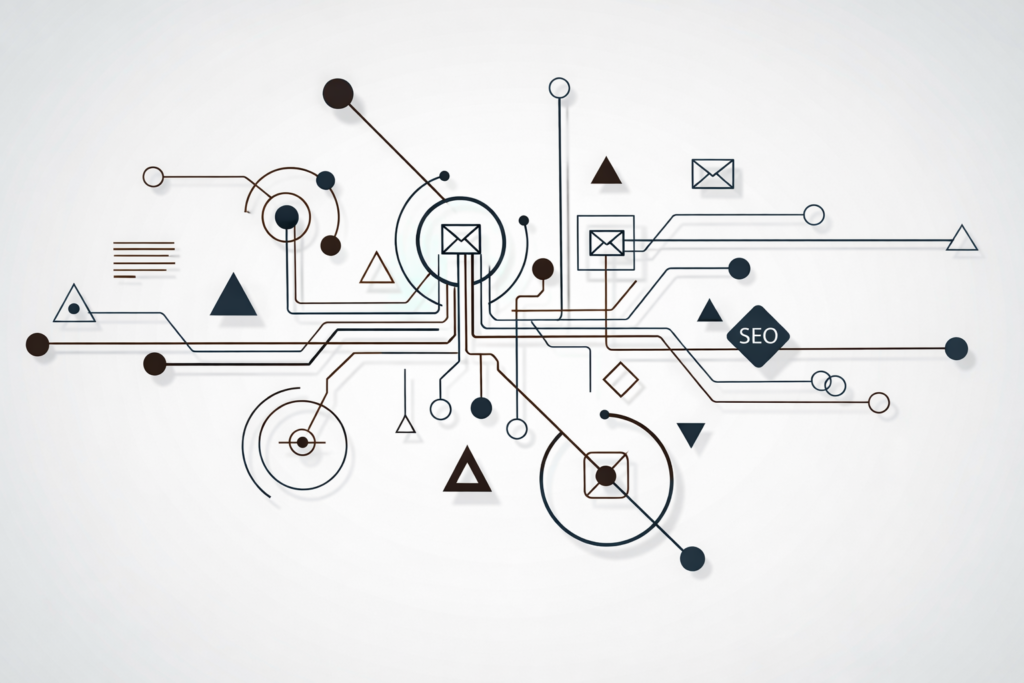 Sơ đồ mô phỏng hệ thống digital marketing với các kênh kết nối dữ liệu, email và SEO