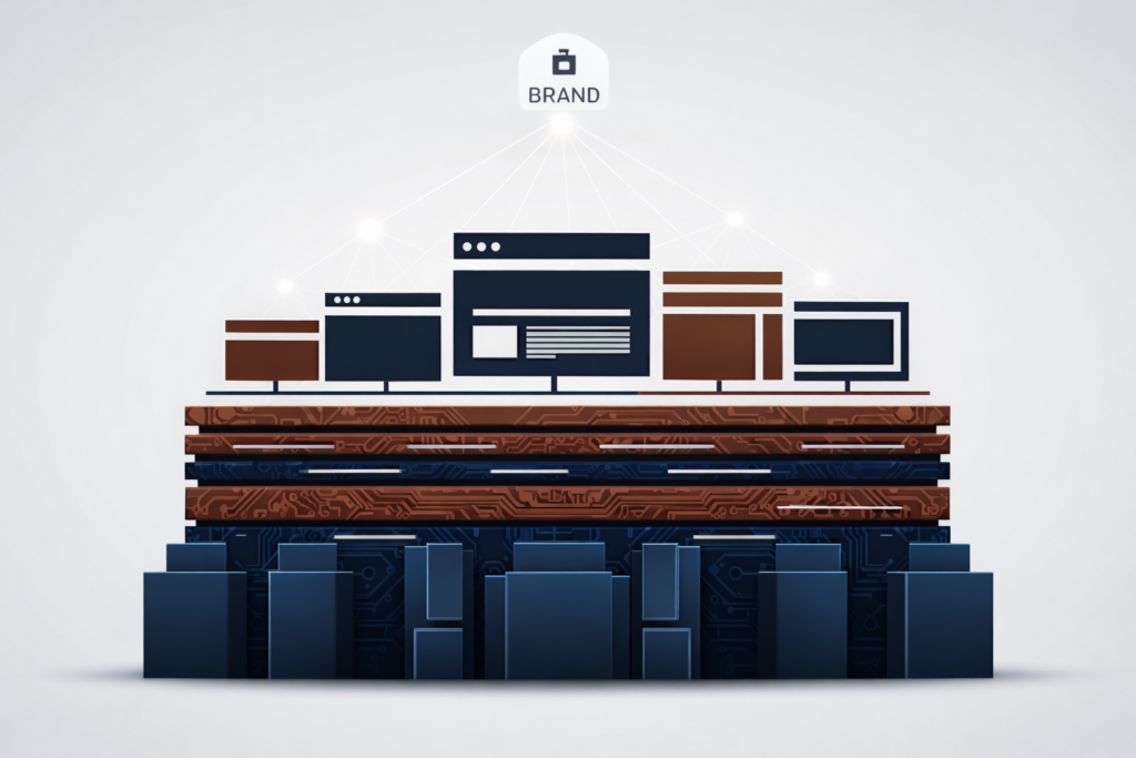 Minh họa kiến trúc nền tảng thương hiệu số với giao diện web, hệ thống máy chủ và dữ liệu