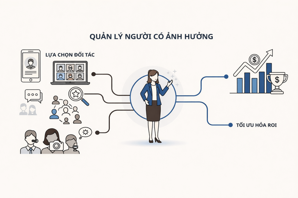 Mô hình quản lý người có ảnh hưởng từ lựa chọn đối tác đến tối ưu hóa ROI.