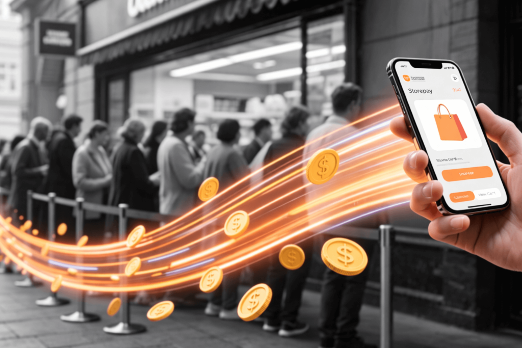 A hand holding a smartphone performing an in-app transaction, represented by a glowing data stream and flowing coins, bypassing a long line of people outside a store, symbolizing efficiency and time savings.