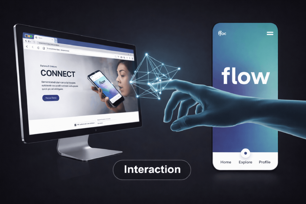 A smartphone emitting data streams and chat bubbles that connect to multiple user icons, representing direct, personalized, and multi-channel customer engagement through a mobile app.