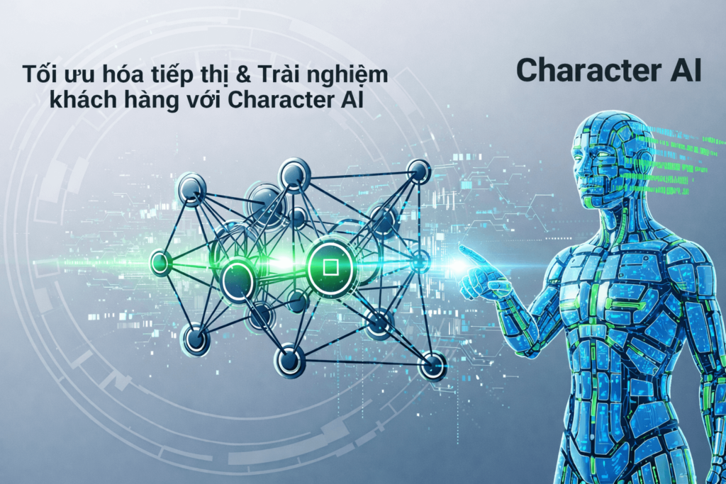 Một nhân vật hình người kỹ thuật số đang tương tác với quả cầu mạng nơ-ron, thể hiện vai trò của Character AI trong trải nghiệm khách hàng và tối ưu hóa marketing