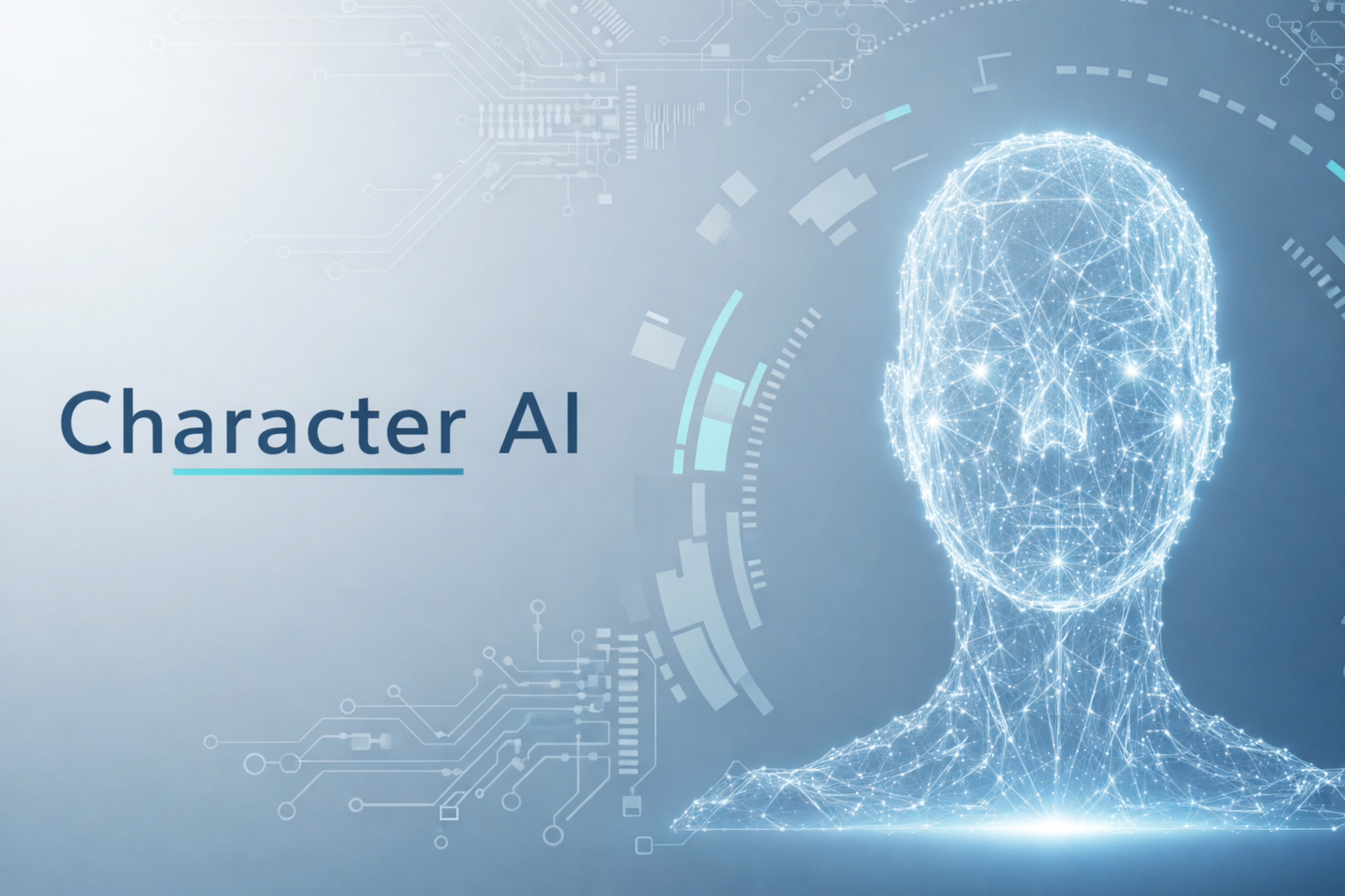A glowing wireframe human face surrounded by tech interface elements, symbolizing Character AI.