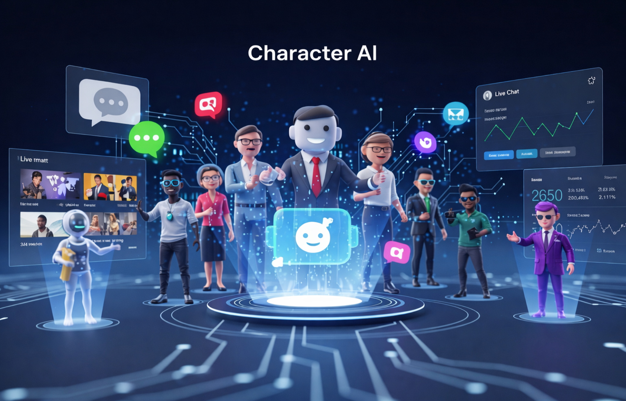 Stylized digital avatars and user interfaces surrounding a central Character AI icon, representing interactive AI-driven personas and live chat features.