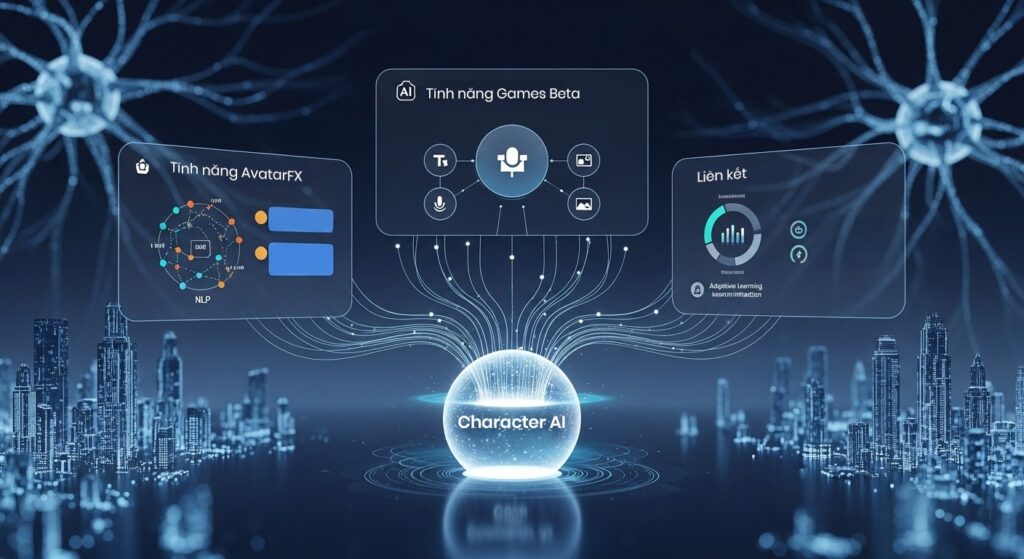 Quả cầu Character AI đặt trong bối cảnh thành phố tương lai, kết nối với các bảng tính năng: AvatarFX, Games Beta và Learning Links, với cấu trúc mạng nơ-ron ở phía sau