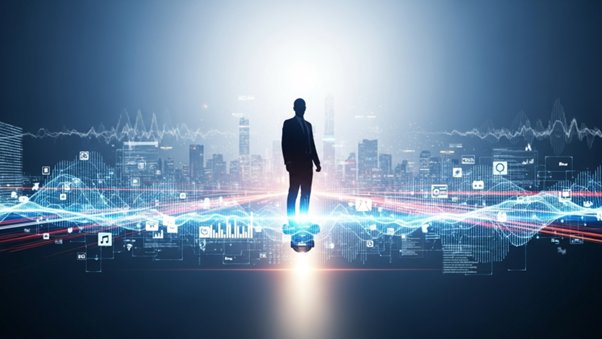 Hình ảnh biểu tượng về một doanh nhân đứng giữa trung tâm của dòng chảy dữ liệu số và sự phát triển đô thị thông minh
