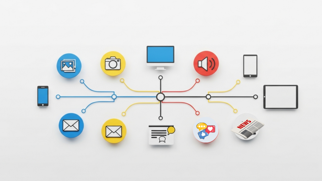 Sơ đồ kết nối đa kênh truyền thông gồm hình ảnh, video, thư điện tử và mạng xã hội trên các thiết bị kỹ thuật số
