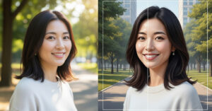 A woman smiles outdoors as her portrait is transformed into a digital illustration, highlighting AI-powered photo enhancement, style conversion, and creativity.
