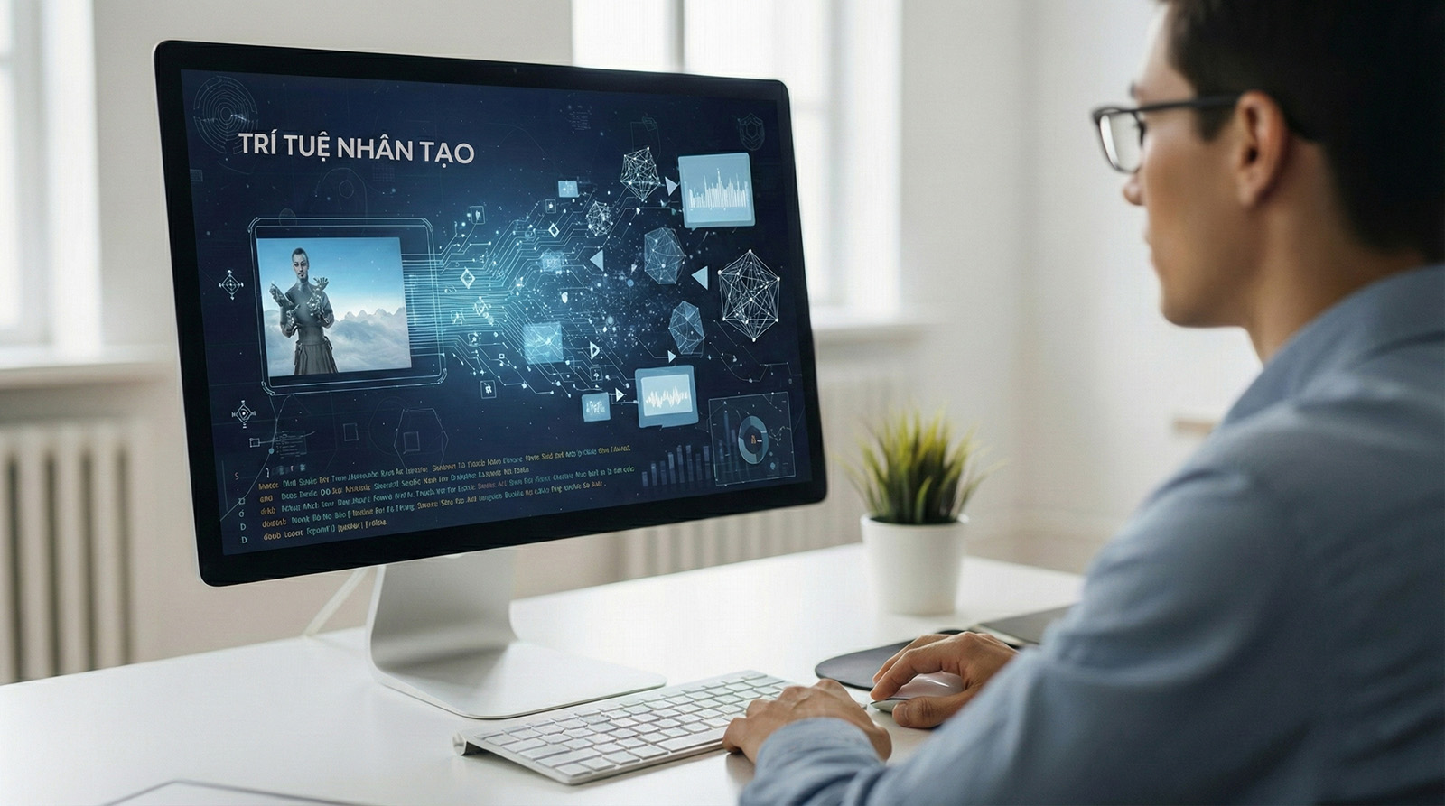 Robot AI với ngoại hình hiện đại đang tương tác với dữ liệu số, biểu trưng cho tương lai của công nghệ thông minh