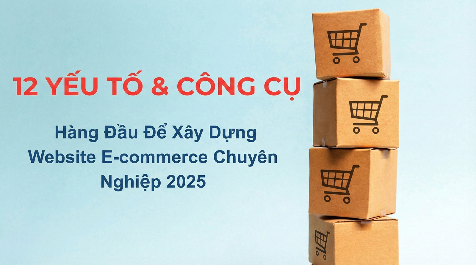 Four stacked cardboard boxes with shopping cart icons stand against a clean blue background, symbolizing e-commerce, delivery, packaging, and online retail.