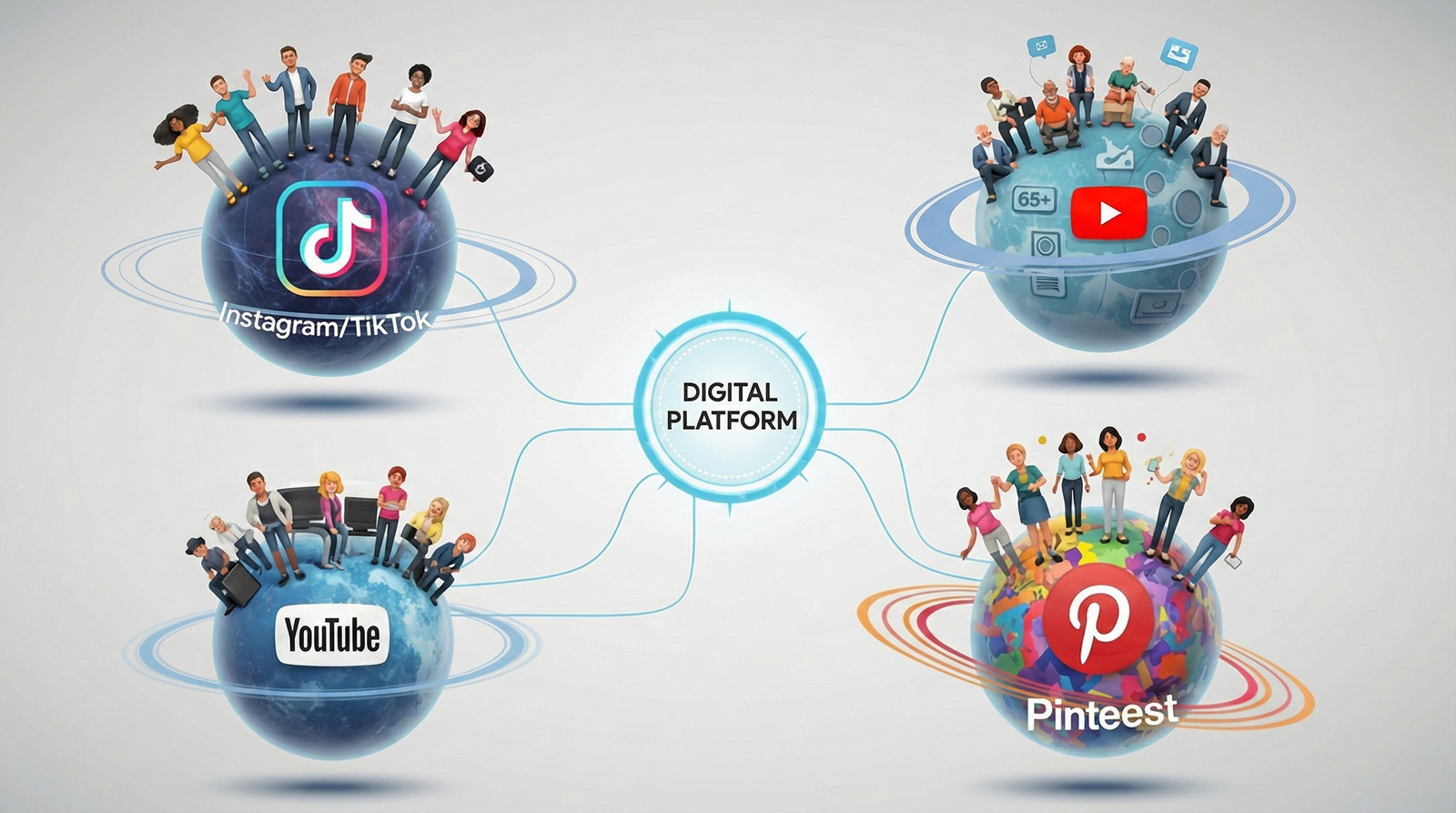 Bốn khối cầu giống quả địa cầu được dán nhãn TikTok/Instagram, YouTube, Pinterest và nhóm khán giả YouTube lớn tuổi, mỗi khối cầu thể hiện các nhóm người dùng đa dạng và cùng kết nối với một trung tâm nền tảng kỹ thuật số