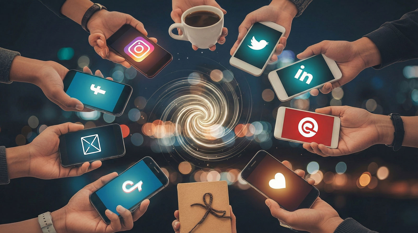 Hình minh họa người dùng kết nối qua các nền tảng mạng xã hội như Facebook, Instagram, TikTok, LinkedIn trong môi trường số