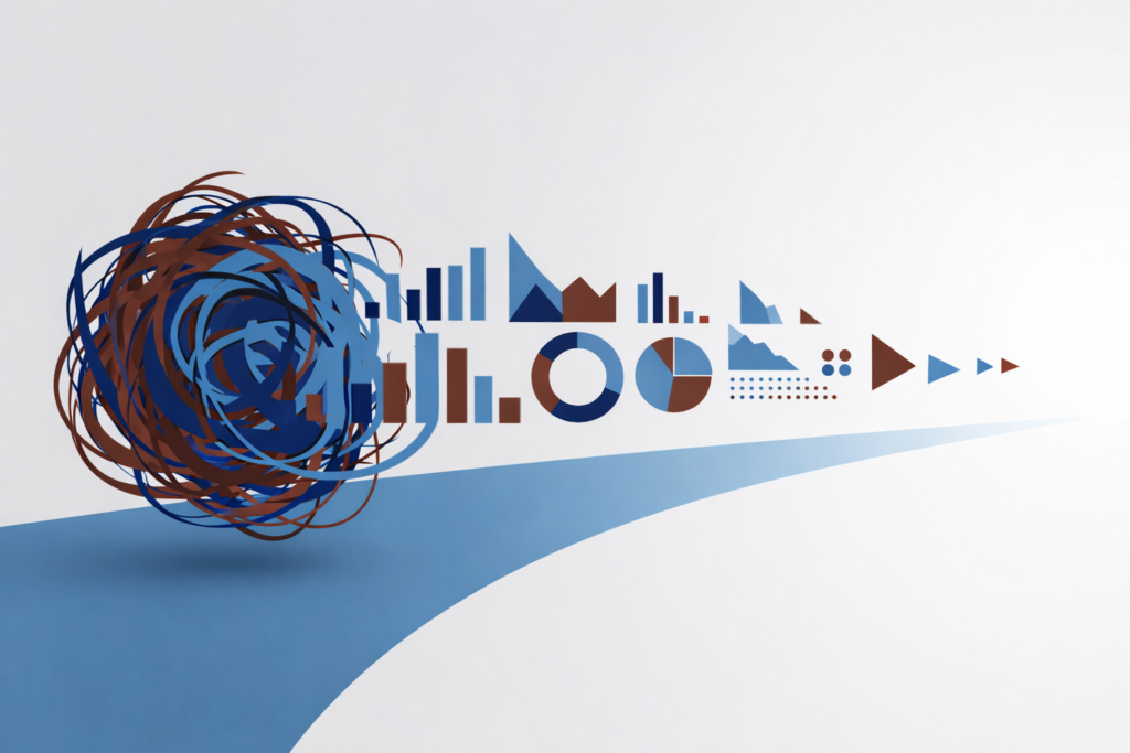 Abstract data moving from chaos into organized charts and metrics.