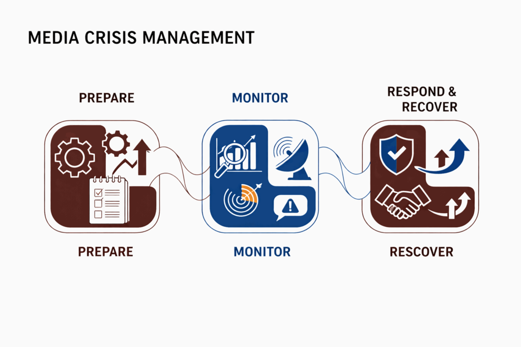 Media crisis management process with three stages: prepare, monitor, respond and recover.