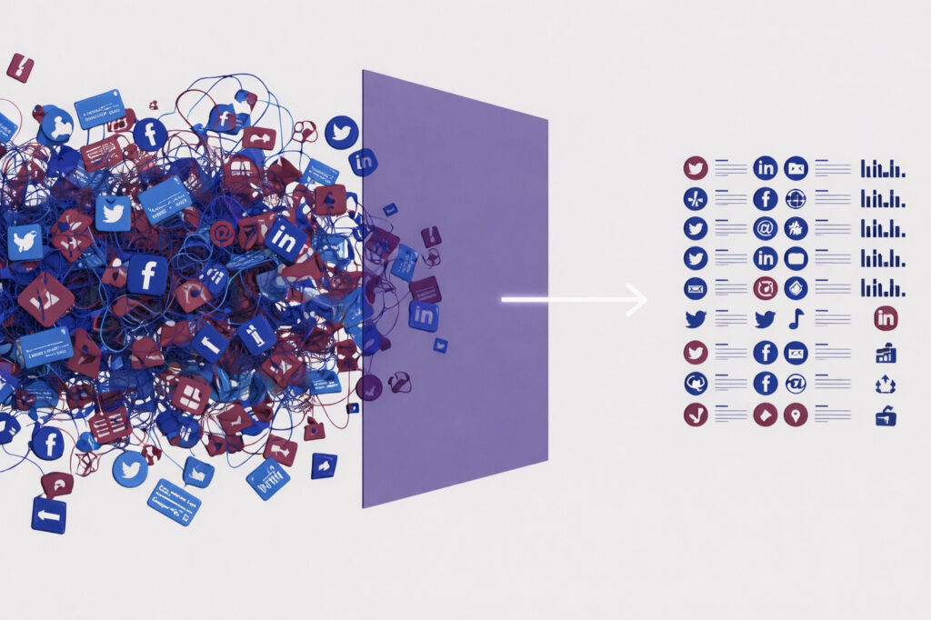 Graphic showing social media chaos being filtered into organized data icons.
