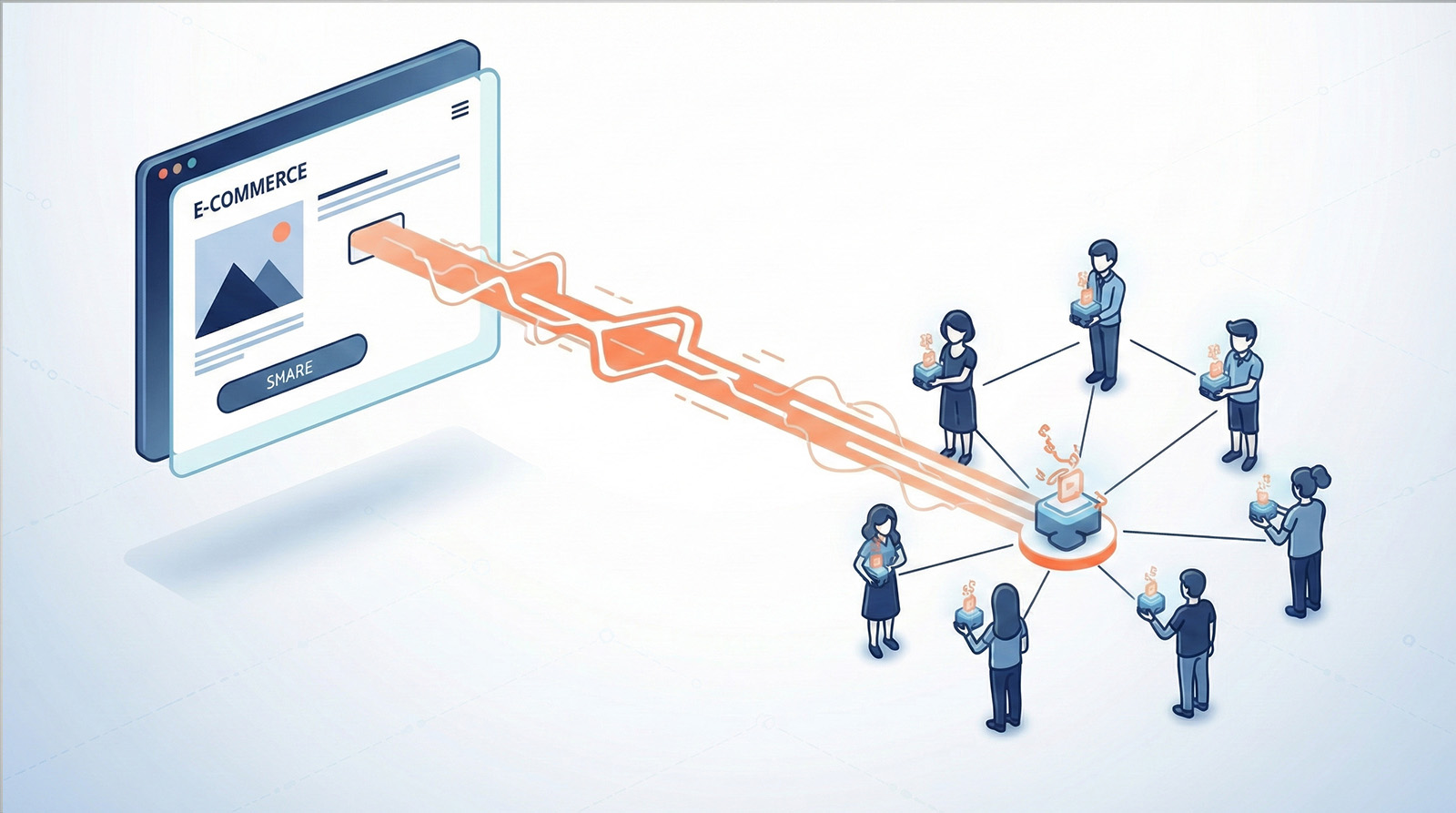 Illustration of an e-commerce webpage with a share button distributing product content to multiple connected users holding mobile devices.