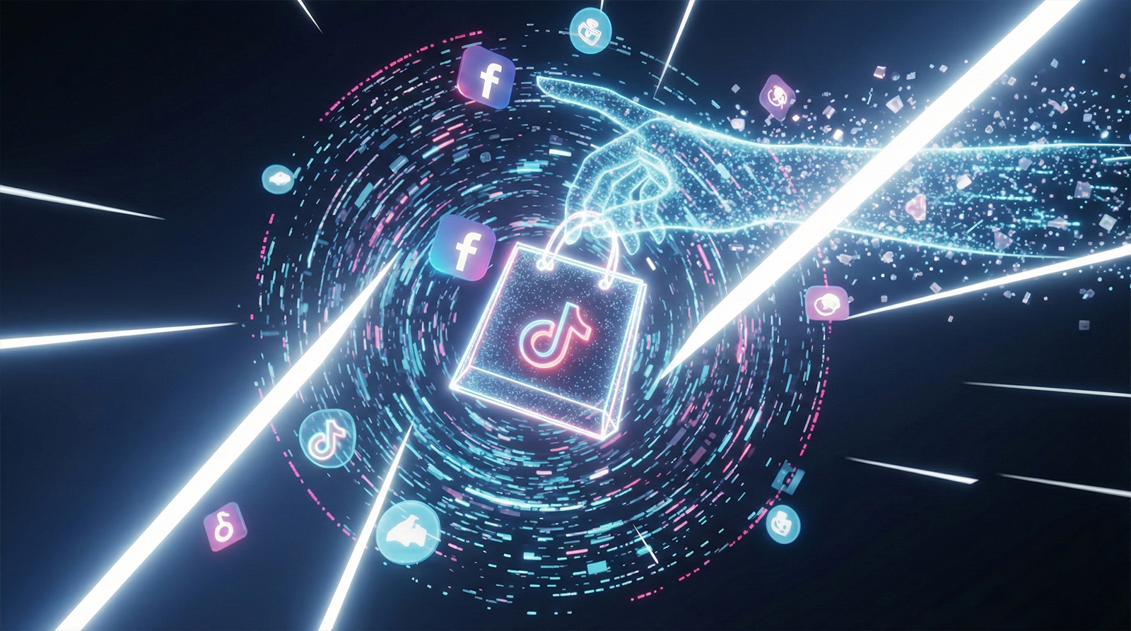 Glowing digital hand holding a TikTok-branded shopping bag surrounded by floating icons of Facebook, TikTok, and other platforms in a swirling vortex of light.