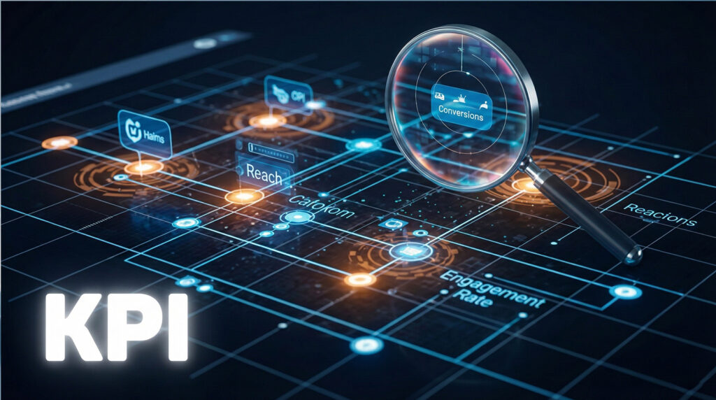 A magnifying glass hovering over a digital dashboard displaying various KPIs (Conversions, Reach, Engagement Rate), emphasizing the need for data-driven campaign measurement.