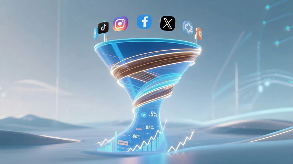 An abstract, spiraling digital funnel showing social media icons (TikTok, Instagram, Facebook) at the top and growth charts and analytics data at the bottom, symbolizing multi-channel marketing and conversion optimization.