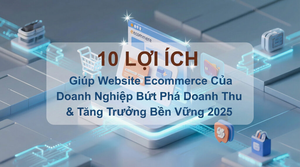 A central laptop screen displaying an E-commerce site, surrounded by icons representing key benefits like shopping carts, credit cards, security shields, and growth charts.