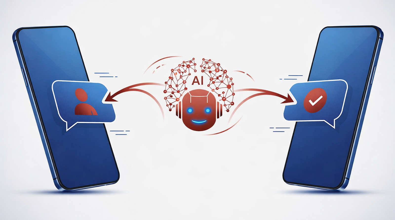 AI assistant facilitates communication between two smartphones, shown by message bubbles and a digital face.