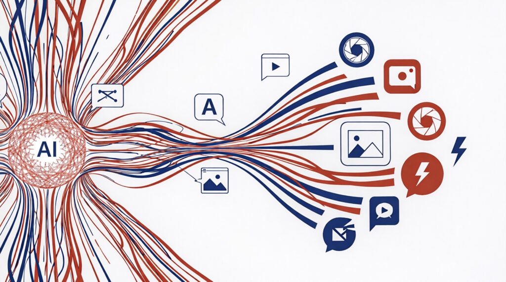 AI hub processes diverse content types like images, video, chat, and energy signals into organized data streams.