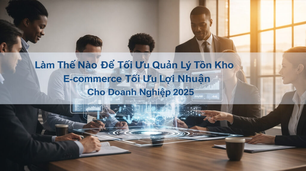 Nhóm chuyên gia kinh doanh đang thảo luận quanh chiếc bàn tương lai với các hình chiếu kỹ thuật số, được chèn văn bản tiếng Việt về việc tối ưu hóa hàng tồn kho và lợi nhuận thương mại điện tử năm 2025