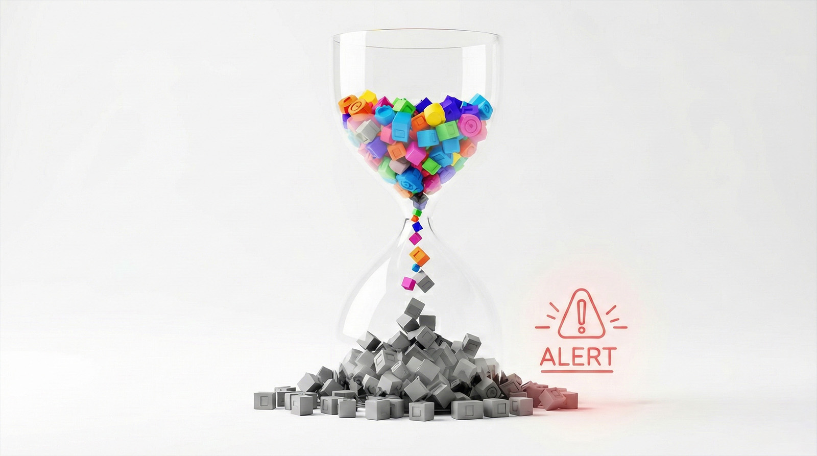 Colorful inventory items passing through an hourglass and turning gray, triggering a red ‘ALERT’ icon—symbolizing stock depletion or time-sensitive inventory warnings.