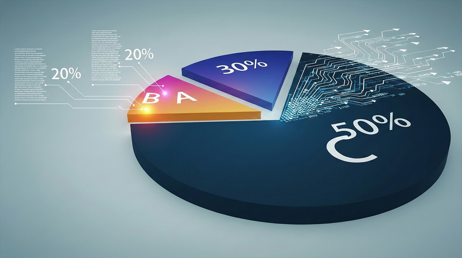 3D pie chart labeled A (20%), B (30%), and C (50%) representing ABC inventory classification strategy with digital data overlays.