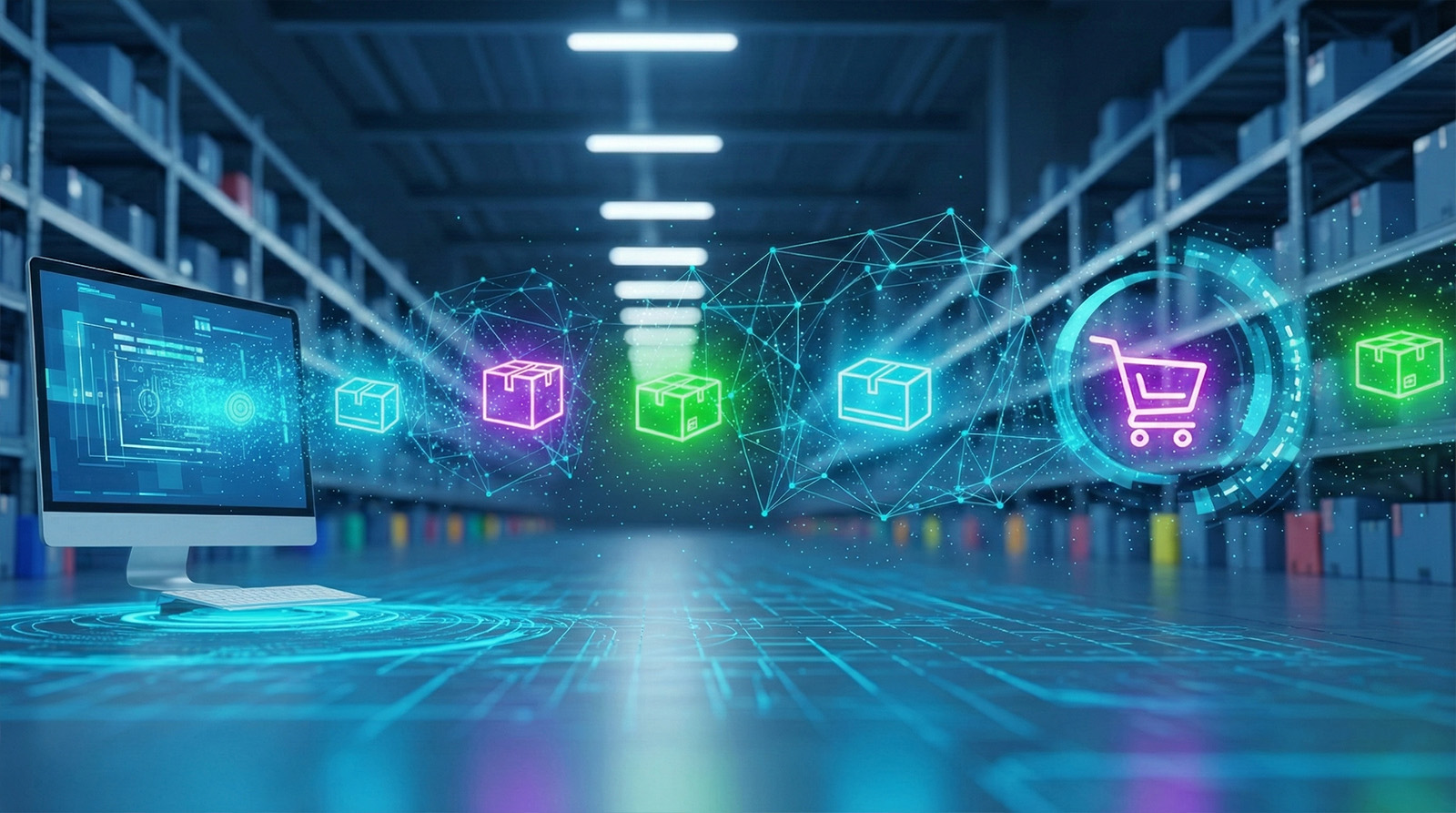 Futuristic warehouse with computer screen displaying inventory software, and floating icons of packages, networks, and a shopping cart, representing smart supply chain and e-commerce integration.