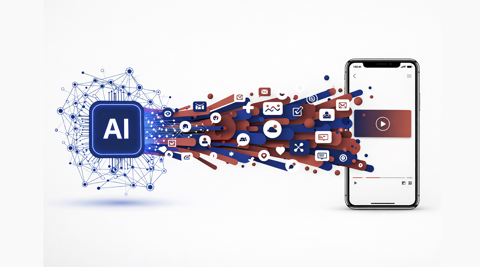 AI generates multimedia content—including video, messages, images—for delivery on a mobile phone interface.