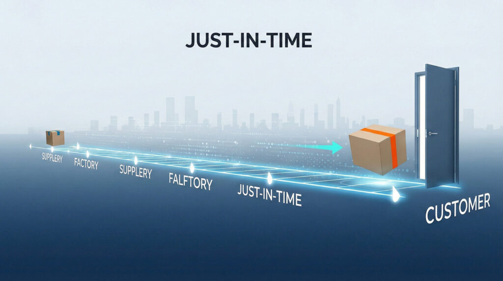 Hình minh họa một gói hàng di chuyển từ nhà cung cấp và nhà máy thông qua quy trình 'Just-In-Time' (Đúng sản phẩm - Đúng thời điểm) đến trực tiếp khách hàng, với bối cảnh đường chân trời thành phố phía sau