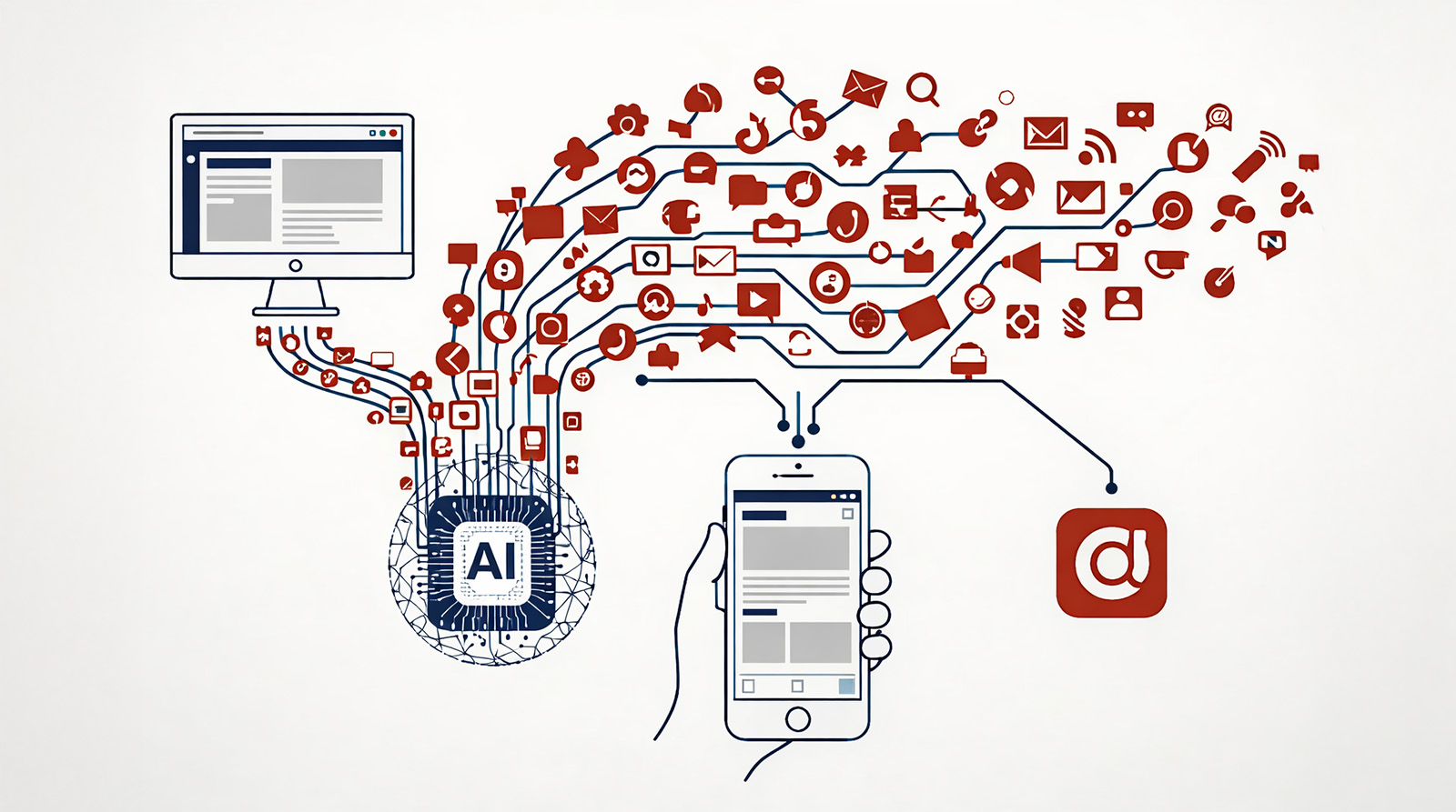 AI engine distributes content streams across desktop and mobile devices, enabling synchronized digital experiences.