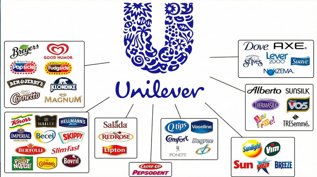 Sơ đồ hệ sinh thái thương hiệu của Unilever với các nhánh sản phẩm tiêu dùng nổi bật toàn cầu