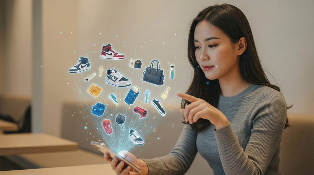 Cô gái trải nghiệm mua sắm hiện đại với các sản phẩm thời trang hiển thị dưới dạng thực tế ảo ngay trên smartphone