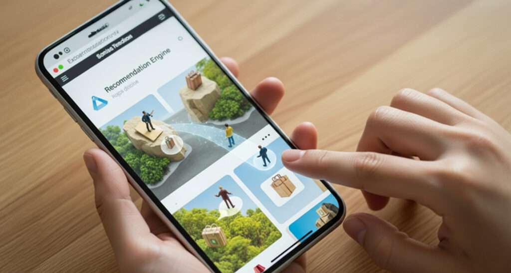 Close-up of a hand tapping a smartphone screen displaying a recommendation engine with 3D product boxes, symbolizing engaging, interactive content.