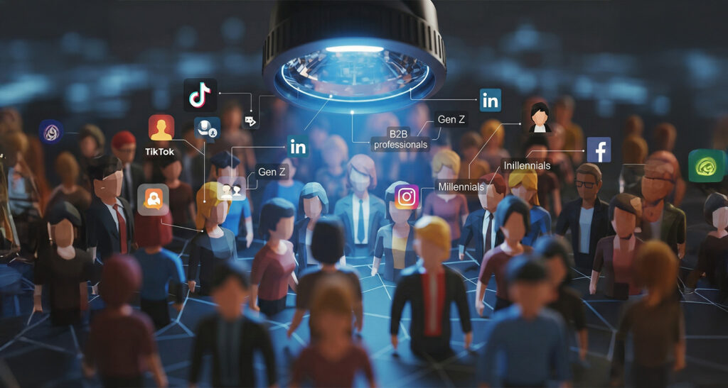 Holographic icons of major social media platforms (Facebook, Instagram, Twitter, TikTok) overlaid on an office environment with data charts, symbolizing multi-platform integration.