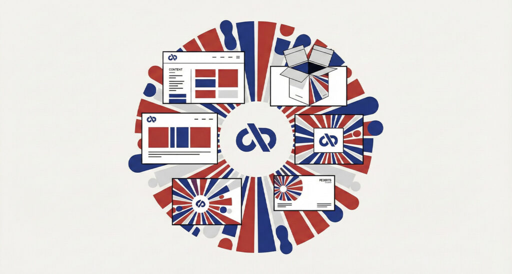 Illustration showing a unified brand identity (logo, color palette) consistently applied across different touchpoints (packaging, website, mobile app, print).