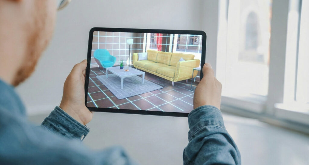 Person using a tablet to view augmented reality furniture in a living room space.