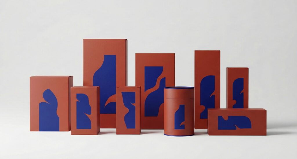 Image showing a collection of product packaging with minimalist design, consistent colors, and cohesive geometric shapes.