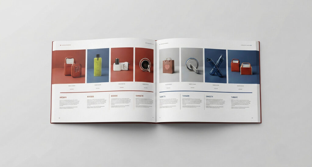Illustration of a professionally designed product catalogue with a clean layout, high-quality images, and structured information hierarchy.