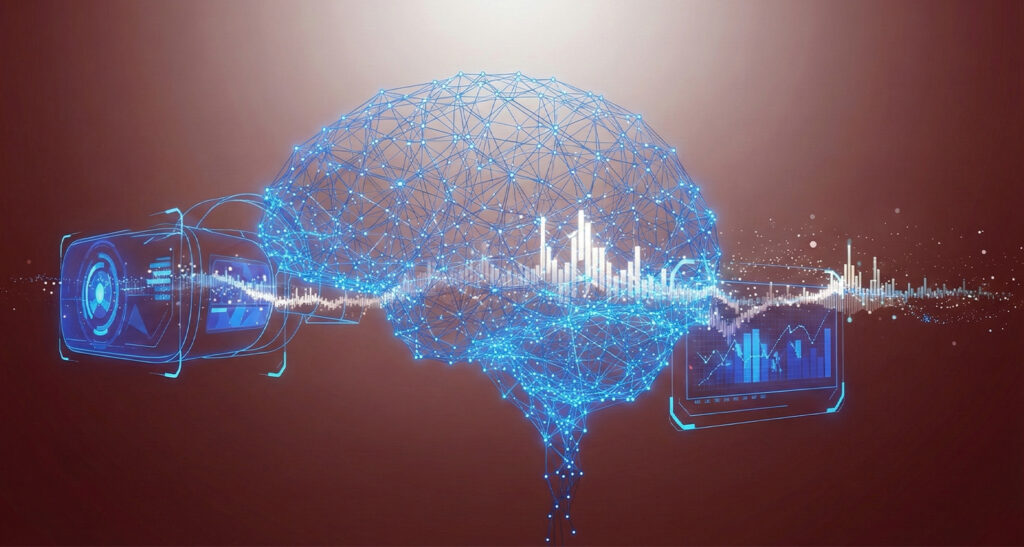 Digital brain with data charts, AI visual elements, and analytics screens.