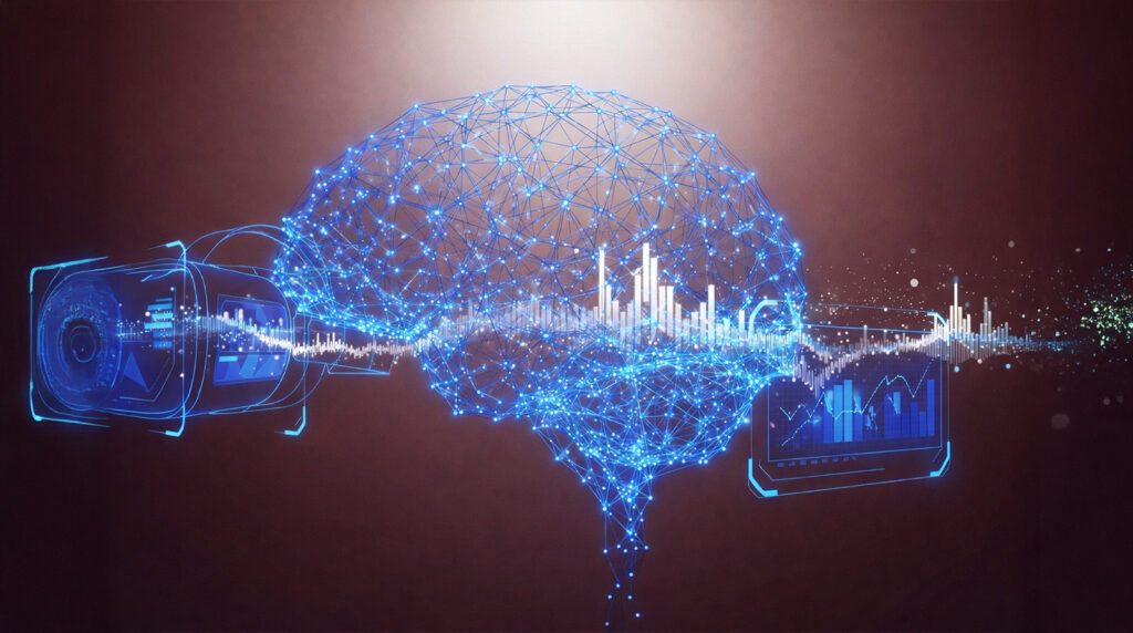 Mô hình não bộ số hóa thể hiện trí tuệ nhân tạo (AI) kết nối dữ liệu và thiết bị công nghệ