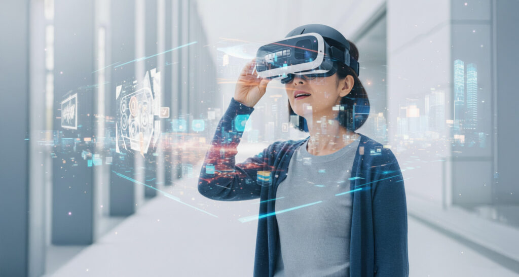 A person wearing a virtual reality headset interacting with digital holographic elements in a modern indoor environment.