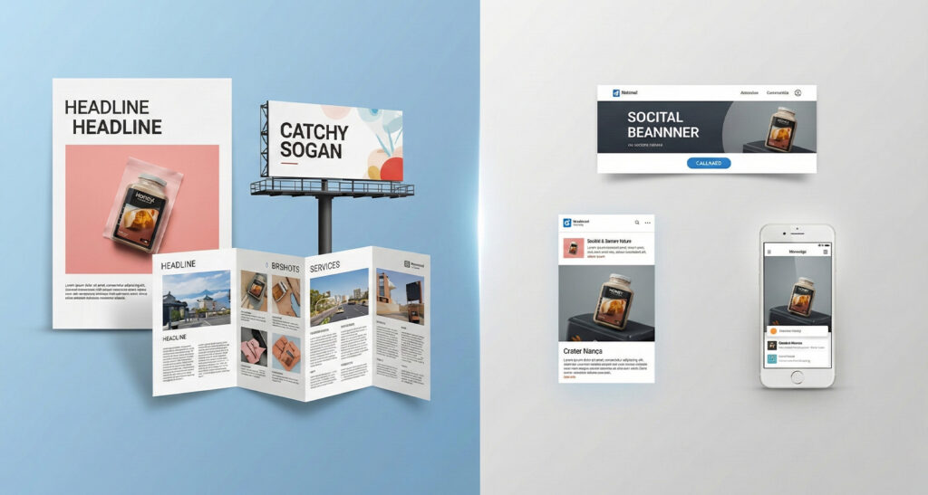 Illustration comparing the distinct design requirements for traditional print media and digital marketing assets.