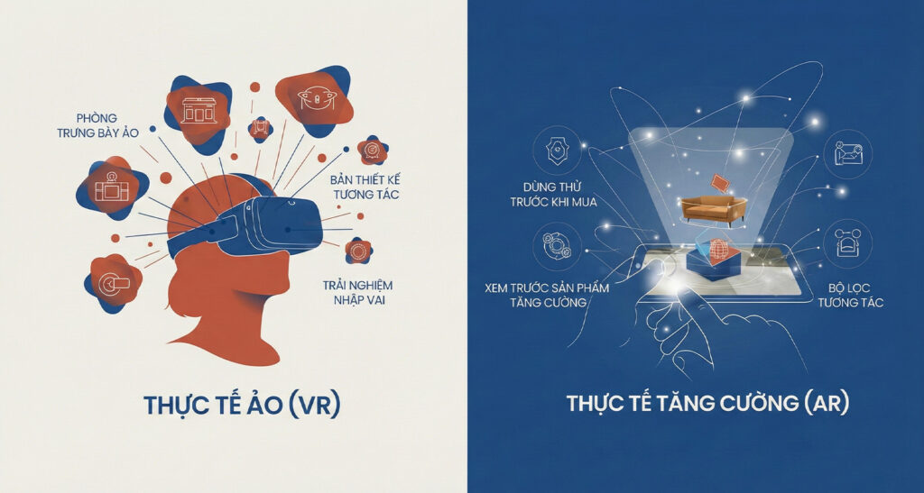 Illustration comparing virtual reality (VR) and augmented reality (AR) applications, showing VR headset experiences and AR product visualization on mobile devices.