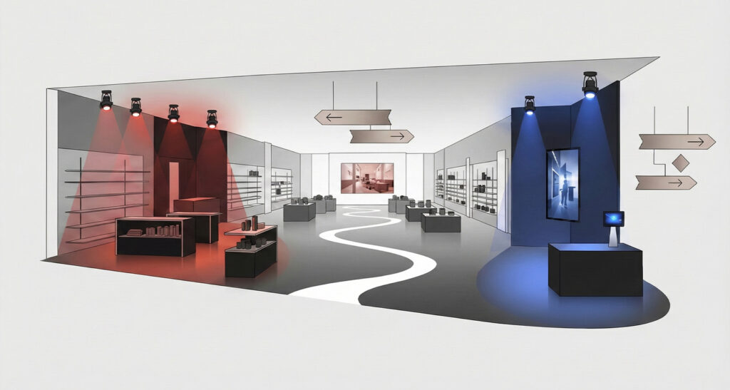 Illustration of strategic placement of lighting, signage, and pathways in a retail space.