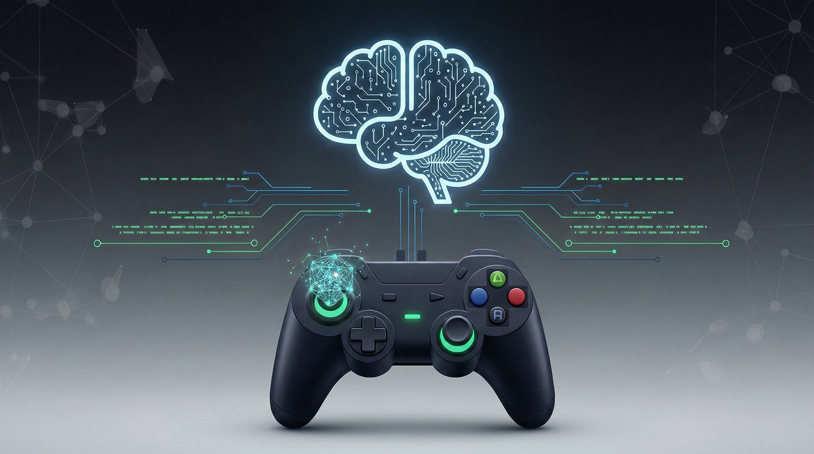 AI brain surrounded by digital screens showing character creation, testing dashboards, and performance analytics